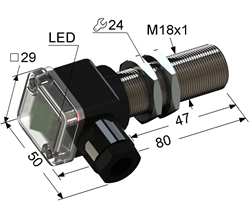 PS2-18M80-12B11-B Индуктивный датчик, М18, L-80 мм, Sn 12 мм, заподлицо, PNP, замыкающий, NO, -25...+75 °C, 10...30 V DC, клеммная коробка/вывод вбок.