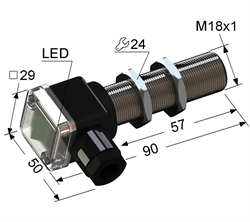 Индуктивный датчик, М18, L-90 мм, Sn 5 мм, заподлицо, PNP, -25...+75 °C, 12...30 V DC, клеммная коробка/вывод вбок.