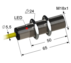 Индуктивный датчик, М18, L-65 мм, Sn 5 мм, заподлицо, PNP, -25...+75 °C, 12...30 V DC, кабель ПВХ 5,5 мм/3x0,35/ 2 м.