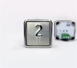 Кнопка приказа квадратная. Cимвол: 2-й этаж; код Брайля: имеется; материалы: нержавеющая сталь, алюминий, пластик; подсветка: красная; установочное место: 32,5 мм.