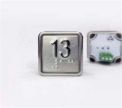 Кнопка приказа квадратная. Cимвол: 13-й этаж; код Брайля: имеется; материалы: нержавеющая сталь, алюминий, пластик; подсветка: красная; установочное место: 32,5 мм.