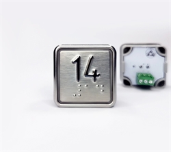 Кнопка приказа квадратная. Cимвол: 14-й этаж; код Брайля: имеется; материалы: нержавеющая сталь, алюминий, пластик; подсветка: красная; установочное место: 32,5 мм.