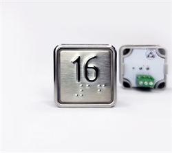 Кнопка приказа квадратная. Cимвол: 16-й этаж; код Брайля: имеется; материалы: нержавеющая сталь, алюминий, пластик; подсветка: красная; установочное место: 32,5 мм.