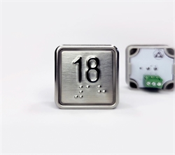 Кнопка приказа квадратная. Cимвол: 18-й этаж; код Брайля: имеется; материалы: нержавеющая сталь, алюминий, пластик; подсветка: красная; установочное место: 32,5 мм.