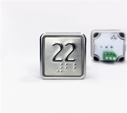 Кнопка приказа квадратная. Cимвол: 22-й этаж; код Брайля: имеется; материалы: нержавеющая сталь, алюминий, пластик; подсветка: красная; установочное место: 32,5 мм.