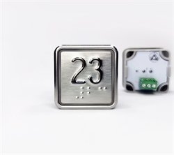 Кнопка приказа квадратная. Cимвол: 23-й этаж; код Брайля: имеется; материалы: нержавеющая сталь, алюминий, пластик; подсветка: красная; установочное место: 32,5 мм.