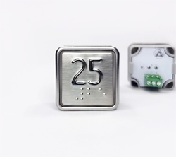 Кнопка приказа квадратная. Cимвол: 25-й этаж; код Брайля: имеется; материалы: нержавеющая сталь, алюминий, пластик; подсветка: красная; установочное место: 32,5 мм.