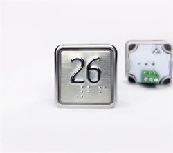 Кнопка приказа квадратная. Cимвол: 26-й этаж; код Брайля: имеется; материалы: нержавеющая сталь, алюминий, пластик; подсветка: красная; установочное место: 32,5 мм.