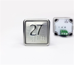 Кнопка приказа квадратная. Cимвол: 27-й этаж; код Брайля: имеется; материалы: нержавеющая сталь, алюминий, пластик; подсветка: красная; установочное место: 32,5 мм.