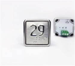 Кнопка приказа квадратная. Cимвол: 29-й этаж; код Брайля: имеется; материалы: нержавеющая сталь, алюминий, пластик; подсветка: красная; установочное место: 32,5 мм.