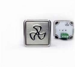 Кнопка приказа квадратная. Cимвол: вентилятор; код Брайля: отсутствует; материалы: нержавеющая сталь, алюминий, пластик; подсветка: красная; установочное место: 32,5 мм.