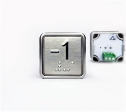 Кнопка приказа квадратная. Cимвол: минус 1-й этаж; код Брайля: имеется; материалы: нержавеющая сталь, алюминий, пластик; подсветка: красная; установочное место: 32,5 мм.