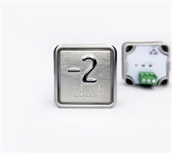 Кнопка приказа квадратная. Cимвол: минус 2-й этаж; код Брайля: имеется; материалы: нержавеющая сталь, алюминий, пластик; подсветка: красная; установочное место: 32,5 мм.