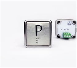 Кнопка приказа квадратная. Cимвол: парковочный этаж; код Брайля: имеется; материалы: нержавеющая сталь, алюминий, пластик; подсветка: красная; установочное место: 32,5 мм.