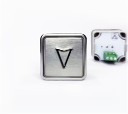 Кнопка вызова квадратная. Cимвол: вызов лифта (вверх, вниз); код Брайля: отсутствует; материалы: нержавеющая сталь, алюминий, пластик; подсветка: красная; установочное место: 32,5 мм.