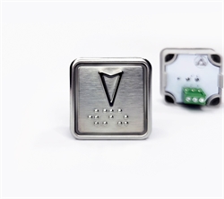 Кнопка вызова квадратная. Cимвол: вызов лифта (вниз); код Брайля: отсутствует; материалы: нержавеющая сталь, алюминий, пластик; подсветка: красная; установочное место: 32,5 мм.