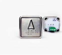 Кнопка вызова квадратная. Cимвол: вызов лифта (вверх); код Брайля: отсутствует; материалы: нержавеющая сталь, алюминий, пластик; подсветка: красная; установочное место: 32,5 мм.