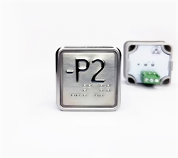 Кнопка приказа квадратная. Cимвол: минус 2-й парковочный этаж; код Брайля: имеется; материалы: нержавеющая сталь, алюминий, пластик; подсветка: красная; установочное место: 32,5 мм.