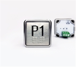 Кнопка приказа квадратная. Cимвол: 1-й парковочный этаж; код Брайля: имеется; материалы: нержавеющая сталь, алюминий, пластик; подсветка: красная; установочное место: 32,5 мм.