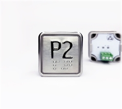 Кнопка приказа квадратная. Cимвол: 2-й парковочный этаж; код Брайля: имеется; материалы: нержавеющая сталь, алюминий, пластик; подсветка: красная; установочное место: 32,5 мм.