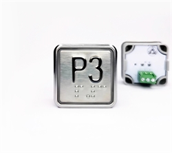 Кнопка приказа квадратная. Cимвол: 3-й парковочный этаж; код Брайля: имеется; материалы: нержавеющая сталь, алюминий, пластик; подсветка: красная; установочное место: 32,5 мм.