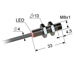 Индуктивный датчик, М8, L-33 мм, Sn 4 мм, не заподлицо, PNP, замыкающий, NO, -25...+75 °C, 10...30 V DC, кабель ПВХ 4 мм/3x0,14/ 2 м.