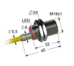 Индуктивный датчик, М18, L-45 мм, Sn 8 мм, заподлицо, PNP, замыкающий, NO, -25...+75 °C, 5,5...30 V DC, кабель ПВХ 5,5 мм/3x0,35/ 2 м.