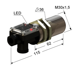 Индуктивный датчик, M30, L-115 мм, Sn 10 мм, заподлицо, NPN, размыкающий, NC, -25...+75 °C, 10...30 V DC, клеммная коробка/вывод прямо и вбок.