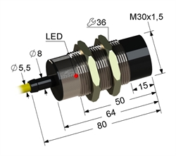 Индуктивный датчик, M30, L-80 мм, Sn 25 мм, не заподлицо, PNP, переключающий, NO+NC, -25...+75 °C, 10...30 V DC, кабель ПВХ 5,5 мм/4x0,2/ 2 м.