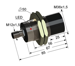 Индуктивный датчик, М36, L-85 мм, Sn 20 мм, не заподлицо, NPN, переключающий, NO+NC, -25...+75 °C, 10...30 V DC, разъем/М12/4-конт.