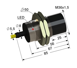 Индуктивный датчик, М36, L-85 мм, Sn 20 мм, не заподлицо, замыкающий, NO, -25...+75 °C, ~24...250 V, 45...65 Гц АС / -30...250 V DC, кабель ПВХ 5,5 мм/3x0,35/ 2 м.