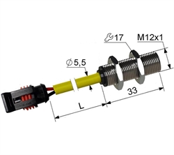 Магниточувствительный датчик с герконом, M12, L-33 мм, Sn 20 мм, не заподлицо, -25...+75 °C, разъем Superseal 1,5 (2-контактный), кабель 0,3 м.