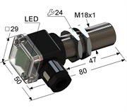 PS2-18M80-12B11-B Индуктивный датчик, М18, L-80 мм, Sn 12 мм, заподлицо, PNP, замыкающий, NO, -25...+75 °C, 10...30 V DC, клеммная коробка/вывод вбок.