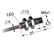 Индуктивный датчик, М8, L-20 мм, Sn 3 мм, не заподлицо, PNP, размыкающий, NC, -25...+75 °C, 5,5...30 V DC, кабель ПВХ 4 мм/3x0,14/ 2 м.