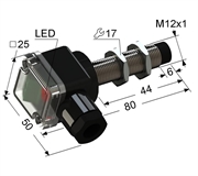 Индуктивный датчик, М12, L-80 мм, Sn 10 мм, не заподлицо, PNP, замыкающий, NO, -25...+75 °C, 10...30 V DC, клеммная коробка/вывод вбок.