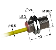 Индуктивный датчик, М18, L-33 мм, Sn 8 мм, заподлицо, PNP, размыкающий, NC, -25...+75 °C, 5,5...30 V DC, кабель ПВХ 5,5 мм/3x0,35/ 2 м.