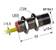 Индуктивный датчик, М18, L-53 мм, Sn 8 мм, не заподлицо, PNP, переключающий, NO+NC, -25...+75 °C, 10...30 V DC, кабель ПВХ 5,5 мм/4x0,2/ 2 м.