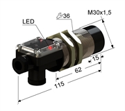 Индуктивный датчик, M30, L-115 мм, Sn 25 мм, не заподлицо, PNP, замыкающий, NO, -25...+75 °C, 10...30 V DC, клеммная коробка/вывод прямо и вбок.