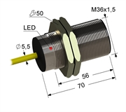 Индуктивный датчик, М36, L-70 мм, Sn 12 мм, заподлицо, размыкающий, NC, -25...+75 °C, ~24...250 V, 45...65 Гц АС / -30...250 V DC, кабель ПВХ 5,5 мм/3x0,35/ 2 м.