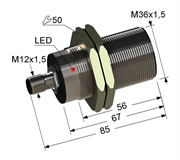 Индуктивный датчик, М36, L-85 мм, Sn 12 мм, заподлицо, PNP, переключающий, NO+NC, -25...+75 °C, 10...30 V DC, разъем/М12/4-конт.