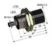 Индуктивный датчик, М36, L-85 мм, Sn 20 мм, не заподлицо, NPN, переключающий, NO+NC, -25...+75 °C, 10...30 V DC, разъем/М12/4-конт.