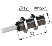 Магниточувствительный датчик с герконом, M12, L-33 мм, Sn 15...25 мм, NO, двухпроводный, кабель ПВХ 3,7х5,9 мм/2x0,5/ 2 м.