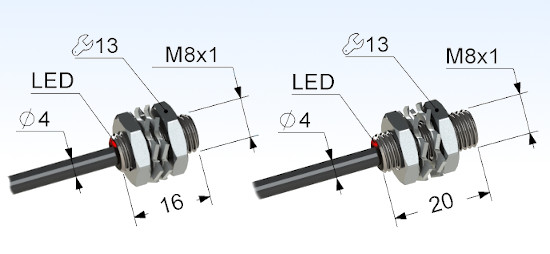 Датчик длиной 16мм и 20мм с резьбой М8х1, диаметром 8мм